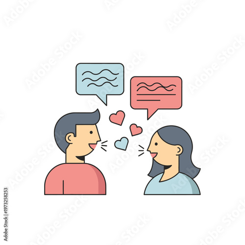 Couple communicating with hearts, love conversation, relationship chat icon