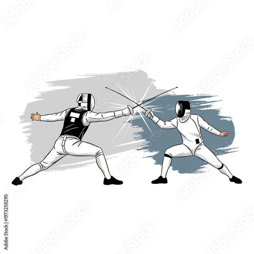 Two Fencers in Combat Uniforms Sparring with Swords, Action Illustration