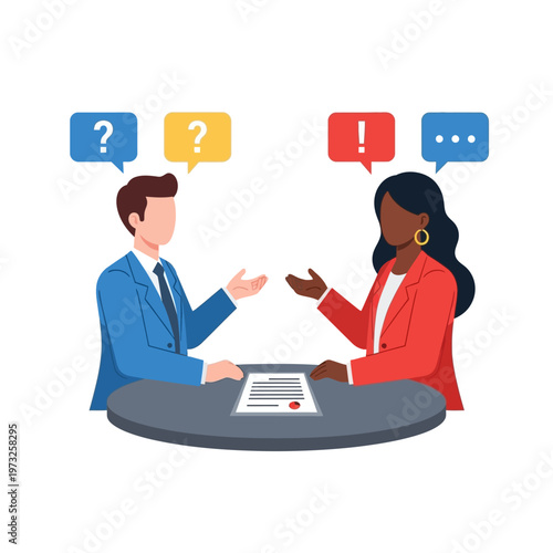 Diverse business people in conversation, discussing contract, questions and answers