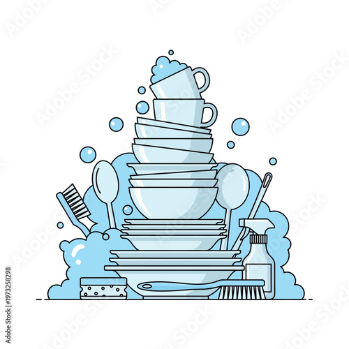 Stack of clean dishes and kitchenware with soap bubbles, illustration