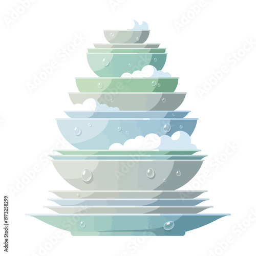 Stack of clean dishes with soap bubbles and water drops, isolated on white background