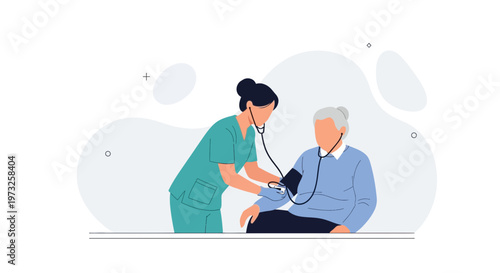 Nurse checking elderly patient's blood pressure with stethoscope and sphygmomanometer