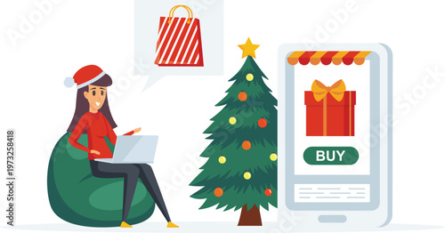 Holiday shopping scene featuring festive decorations and online purchases