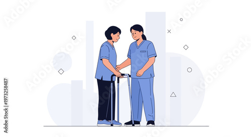 Nurse Assists Elderly Patient with Walker, Healthcare Support, Medical Care