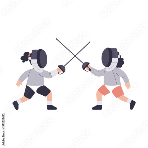 Two fencers in protective gear dueling with swords, cartoon style