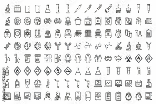 A collection of various science and technology related icons and symbols are displayed.