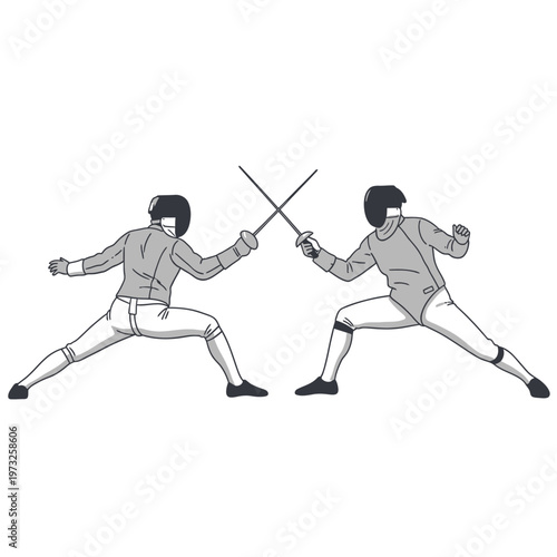 Two Fencers in Protective Gear Sparring with Swords, Athletic Competition Illustration
