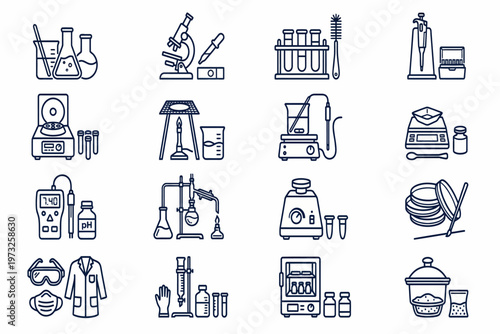 Laboratory equipment and science tools icons for research and experiments