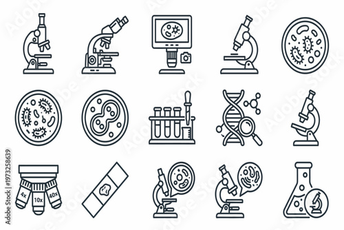 Scientists examining DNA, cells, and lab equipment in a laboratory setting closely.