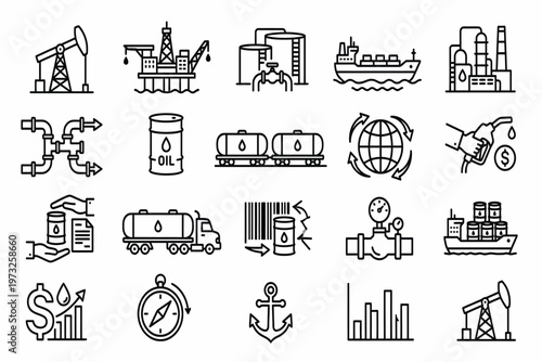 Industrial icons depict various sectors including energy, transportation, and finance.