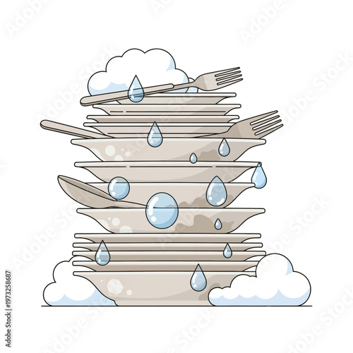Stack of dirty dishes with water drops and soap suds, illustration