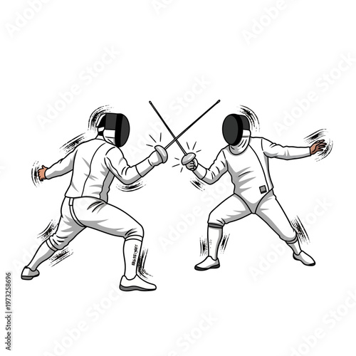 Two Fencers in White Uniforms Duel with Swords, Dynamic Action