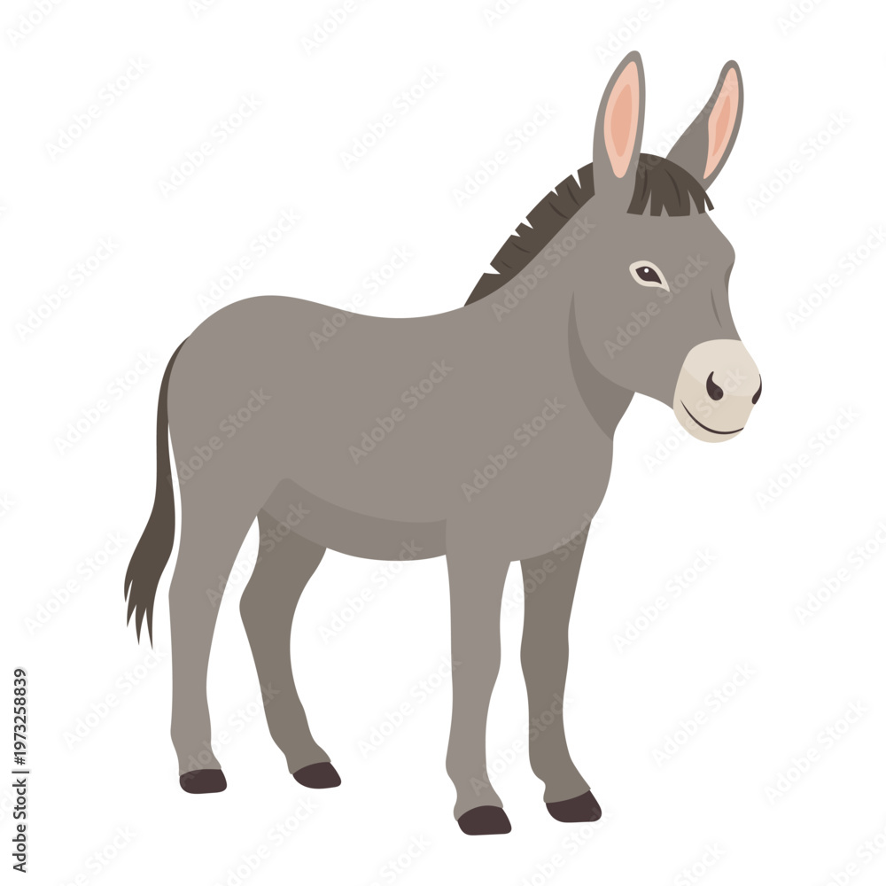 Obraz premium Cute farm donkey standing. Flat vector illustration of domestic farm animal isolated for agriculture design, farm branding, children print, packaging, sticker, poster and rural theme projects.