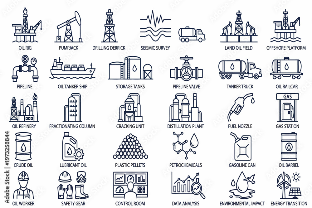 Obraz premium Industrial sector icons depict various heavy industries and manufacturing processes.