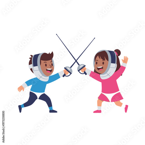 Children Fencing Duel, Kids Sword Fighting Fun, Sport Activity Illustration