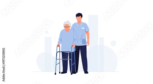 Nurse assisting elderly woman with walker, healthcare, support, medical care, senior living