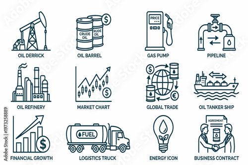 Energy sector icons illustrate oil industry symbols and global trade logistics