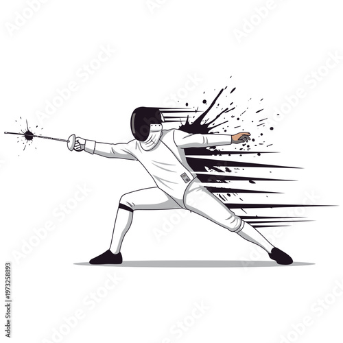 Dynamic Fencer in Action, Splatter Effect, Sport Silhouette, White Background