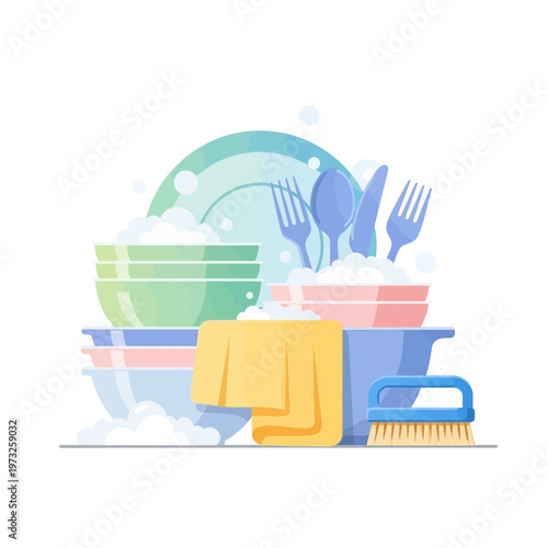 Washing dishes with soap and bubbles, kitchen cleaning and hygiene concept