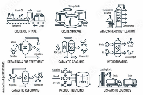 The industrial process of crude oil refining and product dispatch illustrated through various stages and equipment.