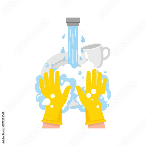 Washing dishes with yellow gloves, water and soap foam. Kitchen sink cleaning concept.