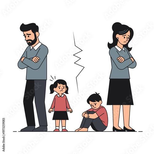 Family Breakup: Sad Parents and Upset Children Facing Separation