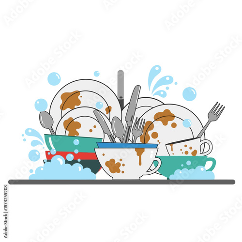 Dirty Dishes Pile with Soap Bubbles and Water Splashes