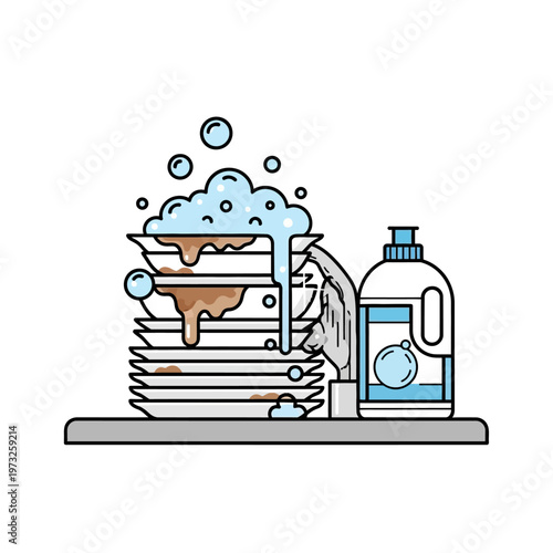 Dirty dishes piled high, washing with soap and water, kitchen cleaning concept