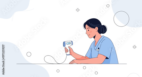 Nurse checking temperature with infrared thermometer, medical illustration