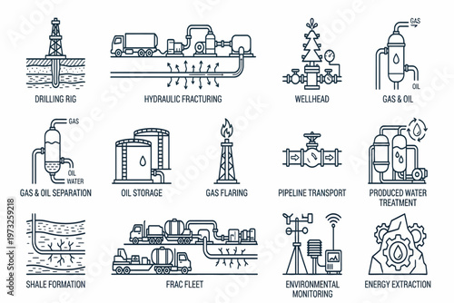 The industrial area showcases various oil and gas operations with drilling rig, hydraulic fracturing, and gas flaring in a landscape.