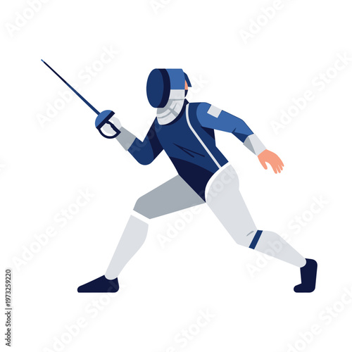 Fencer in action, dynamic pose, holding ?p?e, blue and white uniform, isolated on white