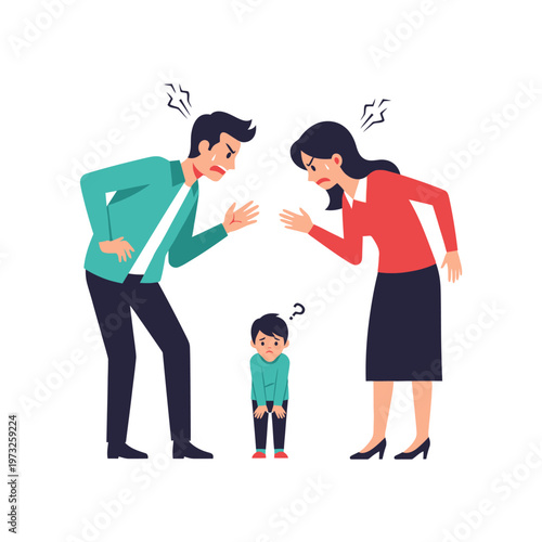 Family conflict: parents arguing, child looking sad and confused, domestic dispute illustration