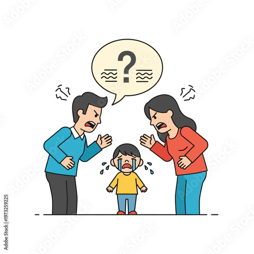 Family conflict: Parents arguing loudly, child crying in distress with question mark symbol.