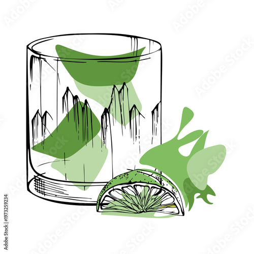 Caipirinha cocktail in crystal rocks tumbler glass with lime wedges and juice splash. Absinthe bright green tones, clean lines hand drawn in ink, ideal for tropical branding, menus, and packaging.