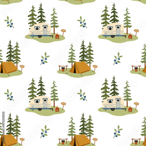 seamless camping pattern with tent, caravan, forest trees and campfire, cute outdoor illustration on white background, flat vector design for fabric, wallpaper and kids products