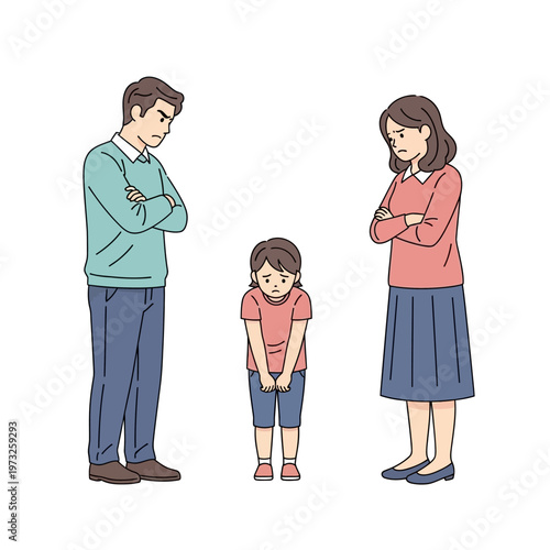 Family conflict, parents arguing with sad child between them, emotional stress, broken family concept