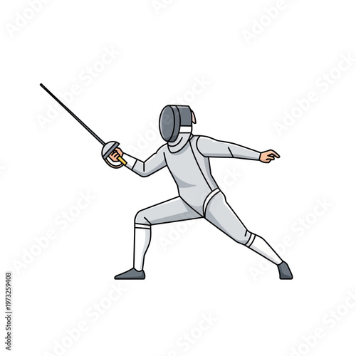 Fencer in action, holding foil, ready to attack, isolated on white background, sport illustration
