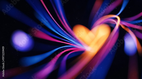 Colorful light waves create a heart shape in a dark setting with glowing lines during an evening moment