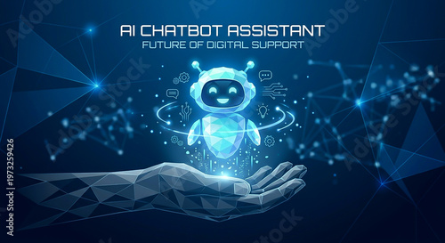 AI chatbot assistant shows digital support concept with hand reaching out for help in a modern design