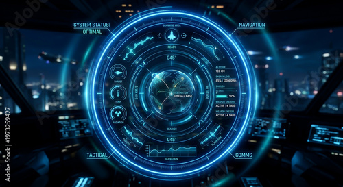 Control panel displays system status and navigation information in a futuristic cockpit environment at night