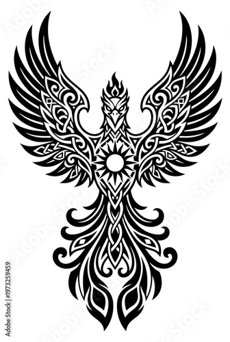 Mythical Phoenix Rising Vector Logo Illustration with Tribal Celtic Knotwork and Sun Symbol for Rebranding Leadership and Corporate Transformation