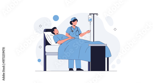 Nurse caring for patient in hospital bed with IV drip, medical illustration