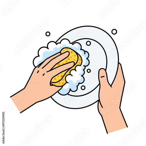 Hand washing a plate with sponge and soap bubbles, hygiene concept
