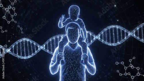 father carrying son on shoulders with DNA strand in background