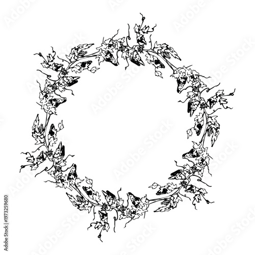 Hand drawn grapevine wreath frame with organic tendrils and detailed grapes on twisted trunks. Ink vector illustration. Hand drawn for wedding stationery, wine labels, bottle neck tags and hang labels