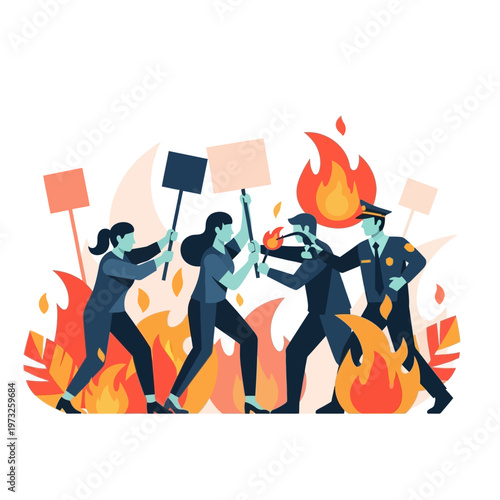 Protestors clash with police amid flames, holding signs and demanding change