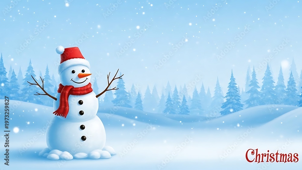 Fototapeta premium Snowman in winter landscape with falling snow and evergreen trees