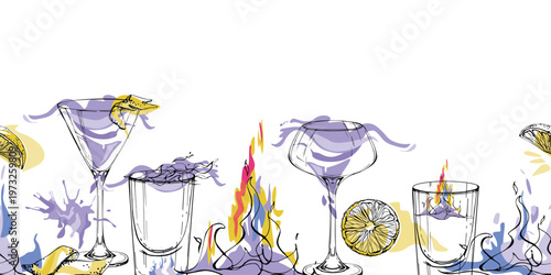 Clean spirits shots on fire, Aviation cocktail seamless ribbon with lemon wheels, zest peel, burning flame. Hand drawn ink banner for recipe sites, social layouts, packaging accents and party content.