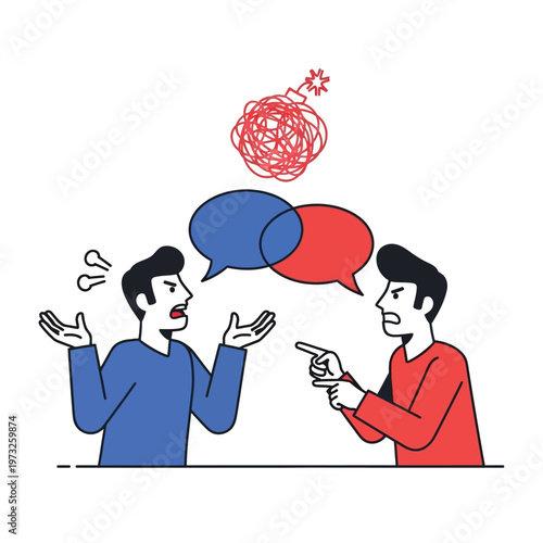 Two men arguing with speech bubbles and a bomb icon, representing conflict and disagreement.