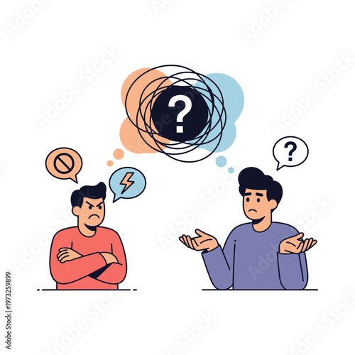 Two men arguing, confusion, disagreement, question marks, conflict, communication problems, illustration